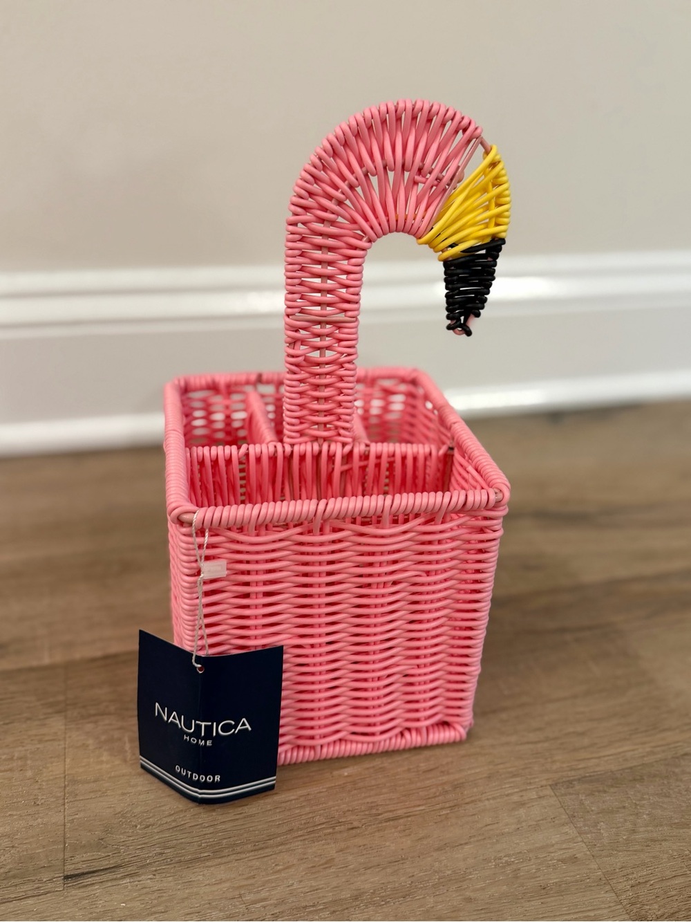 Nautica Home Outdoor Pink Flamingo Wicker Utensil Caddy Flatware Holder New